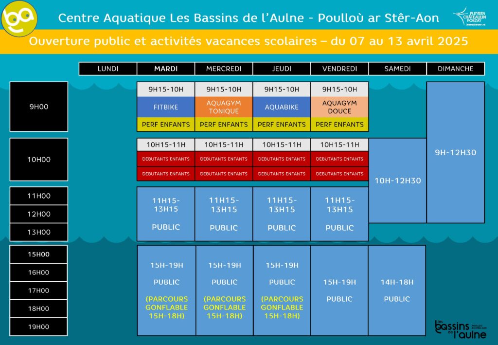 horaires piscine chateaulin vacances avril 2025 semaine 1 zone b